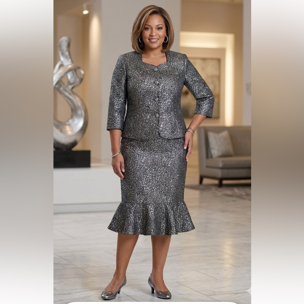 ASHRO two piece Elegant Black and Silver Skirt Suit size 16